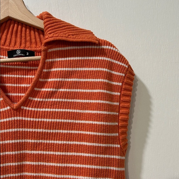 LILLUSORY WOMENS ORANGE WHITE STRIPED V NECK SWEATER VEST Sz MD - Picture 5 of 9